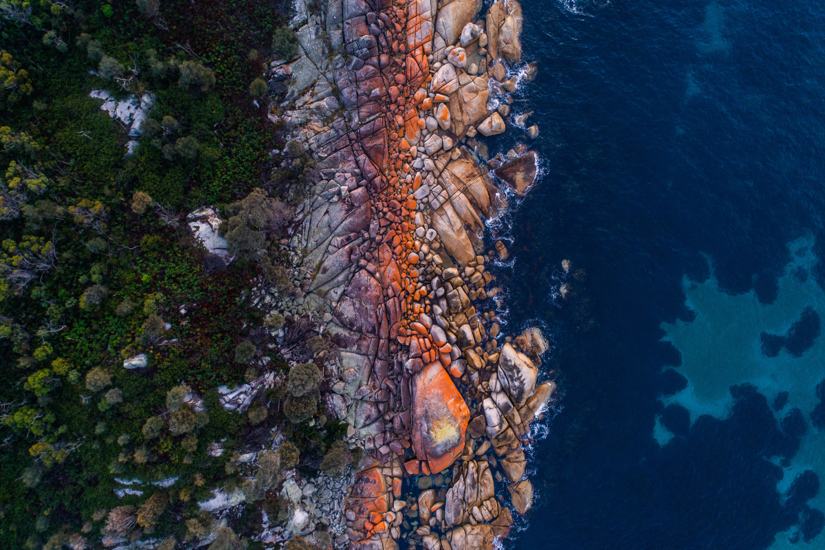 Bay of Fires aerial, Tasmania. Photographed by Stu Gibson. Image via Tourism Tasmania.