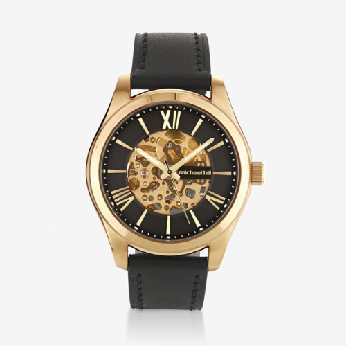 <strong>Michael Hill</strong> Skeleton Watch in Gold Tone Stainless Steel and Leather