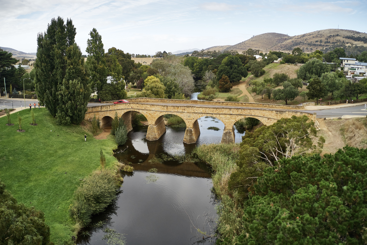 Aerial of Richmond Bridge. Image via Tourism Tasmania