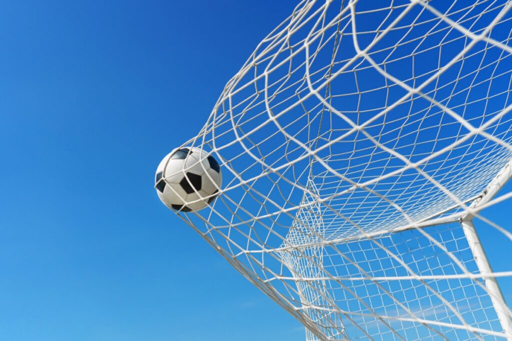 Soccer ball in goal net. Photography by Igor Link via Shutterstock