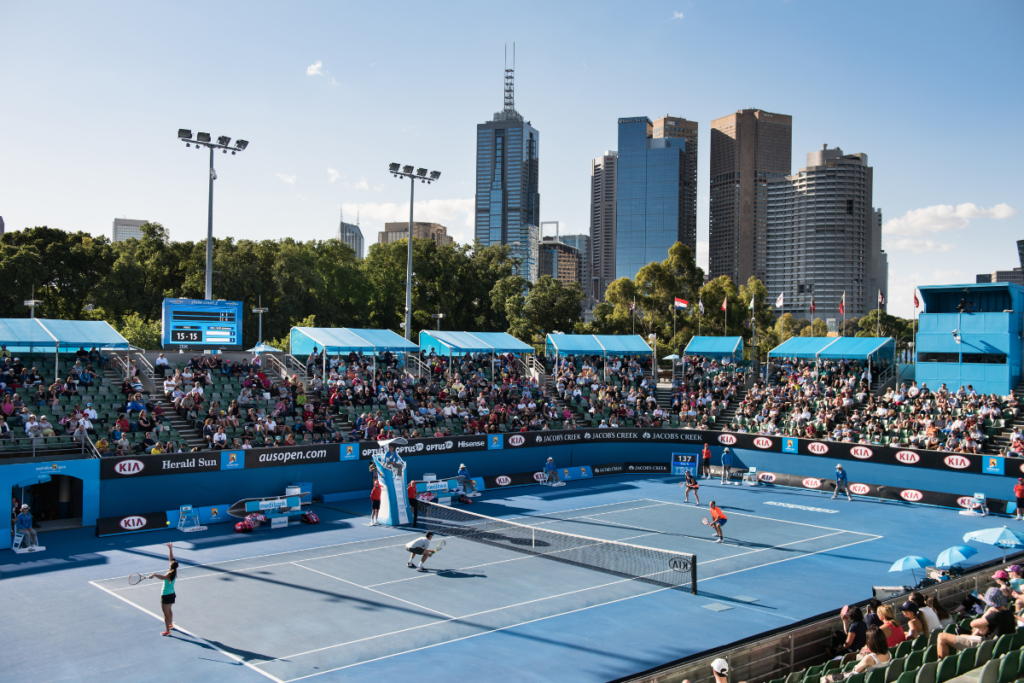 Australian Open Tennis with Melbourne skyline AO Aus Open. Image via Visit Victoria