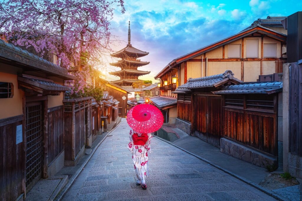 Woman walking through Kyoto. Photography by munduuk via Shutterstock